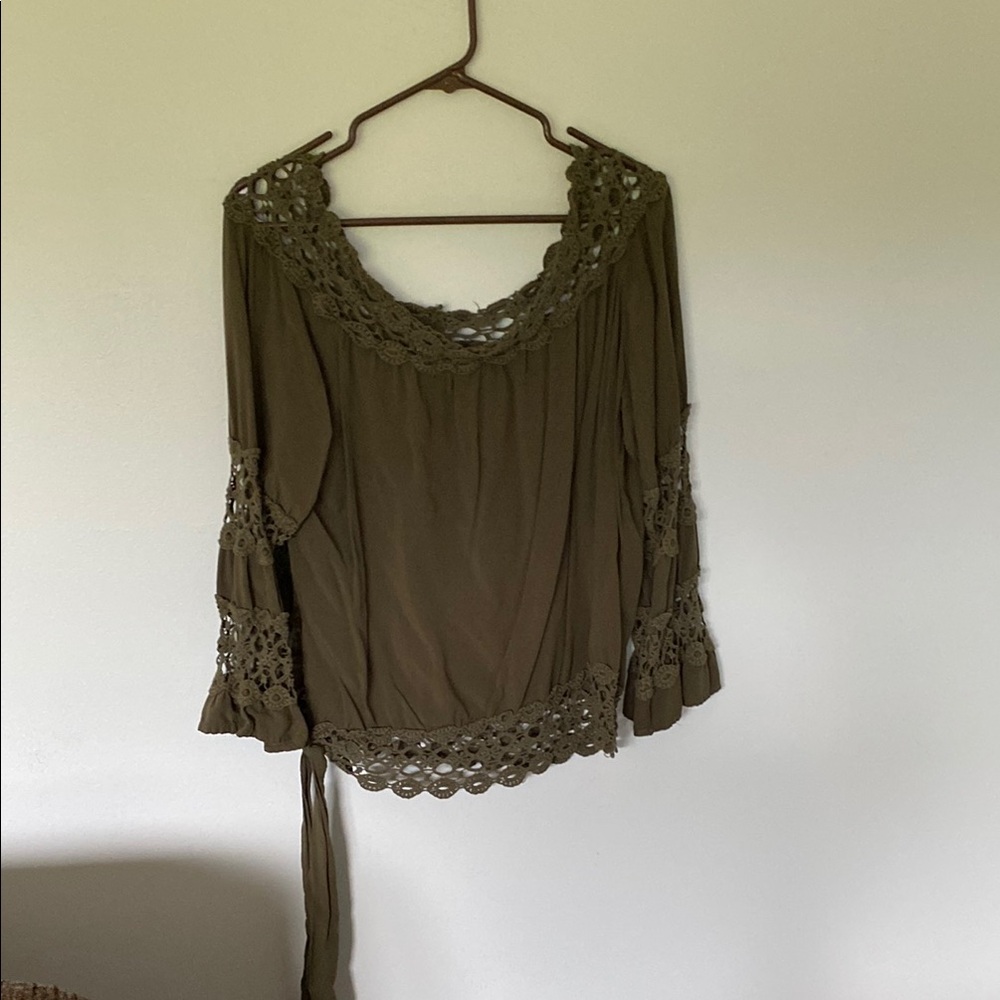 Olive Crochet-Trim Women’s Peasant Top
